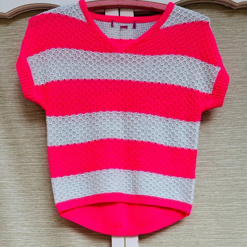 Vintage Y2K Neon Pink Stripe Sweater Sparkle Knit High Low Short Sleeve XS